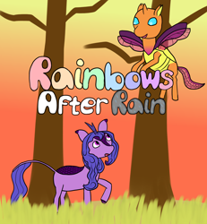 Size: 1342x1452 | Tagged: safe, artist:nitro indigo, imported from derpibooru, izzy moonbow, sunny starscout, changedling, changeling, kirin, fanfic:rainbows after rain, changedlingified, changelingified, fanfic, fanfic art, fanfic cover, g5, kirin-ified, simple background, species swap, sunset, tree