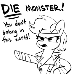 Size: 2250x2250 | Tagged: safe, artist:tjpones, imported from derpibooru, rainbow dash, pegasus, pony, black and white, castlevania, castlevania: symphony of the night, dialogue, die monster, female, grayscale, mare, monochrome, pointing, richter belmont, simple background, sketch, solo, white background