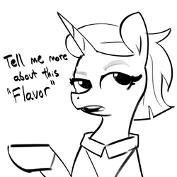 Size: 2250x2250 | Tagged: safe, artist:tjpones, imported from derpibooru, zesty gourmand, pony, unicorn, black and white, bust, dialogue, female, grayscale, mare, monochrome, simple background, solo, white background