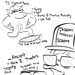 Size: 2250x2250 | Tagged: safe, artist:tjpones, imported from derpibooru, oc, oc:jargon scott, oc:tjpones, anthro, earth pony, pony, black and white, drugs, duo, gigachad, grayscale, hat, joint, lantern jaw, male, marijuana, monochrome, muscles, muscular male, scrote, simple background, stallion, sunglasses, text, vein, white background