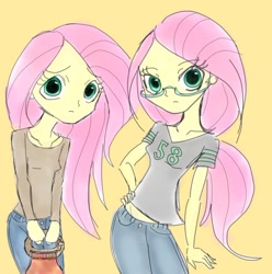 Size: 740x747 | Tagged: safe, artist:ponysprinkles, imported from derpibooru, fluttershy, human, equestria girls, clothes, female, glasses, hand on hip, looking at you, simple background, yellow background