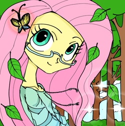 Size: 769x773 | Tagged: safe, artist:ponysprinkles, imported from derpibooru, fluttershy, butterfly, human, equestria girls, clothes, female, glasses, leaf, leaves, outdoors, smiling, solo, tree
