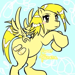 Size: 787x787 | Tagged: safe, artist:ponysprinkles, imported from derpibooru, oc, oc only, oc:sweet banana, pegasus, pony, blue background, female, mare, simple background, solo, spread wings, wings