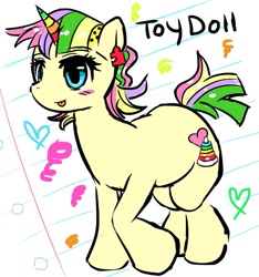 Size: 767x818 | Tagged: safe, artist:ponysprinkles, imported from derpibooru, oc, oc only, oc:toy doll, pony, unicorn, female, heart, horn, lined paper, mare, solo, tongue out