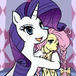 Size: 732x732 | Tagged: safe, artist:ponysprinkles, imported from derpibooru, fluttershy, rarity, pony, unicorn, carousel boutique, duo, duo female, female, horn, mare, one eye closed, open mouth, open smile, smiling