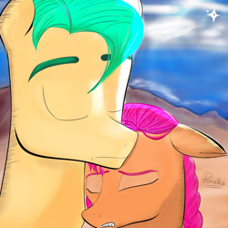 Size: 4000x4000 | Tagged: safe, artist:porcellus, imported from derpibooru, hitch trailblazer, sunny starscout, earth pony, pony, description is relevant, duo, female, g5, implied argyle starshine, implied death, male, sad, shipping, simple background, straight, sunnyhitch