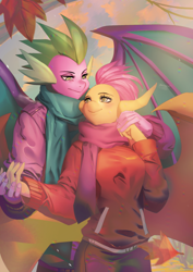 Size: 990x1402 | Tagged: safe, artist:bakki, imported from derpibooru, smolder, spike, anthro, dragon, clothes, commission, duo, female, male, older, older spike, pants, scarf, shipping, smiling, spolder, straight