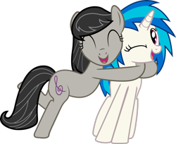 Size: 2711x2213 | Tagged: safe, artist:rainbowplasma, imported from derpibooru, dj pon-3, octavia melody, vinyl scratch, earth pony, pony, unicorn, .ai available, ^^, bipedal, duo, eyes closed, female, high res, hug, mare, one eye closed, open mouth, simple background, transparent background, vector, wink