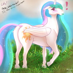 Size: 3000x3000 | Tagged: safe, artist:enonnnymous, imported from derpibooru, princess celestia, alicorn, pony, series:anon loves celestia, /sun/, blushing, butt, caught, dialogue, dock, eating, embarrassed, exclamation point, eye clipping through hair, eyebrows, eyebrows visible through hair, female, grass, grazing, herbivore, high res, hoers, horses doing horse things, looking back, mare, offscreen character, plot, solo, sunbutt, tail