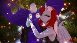 Size: 3840x2160 | Tagged: safe, artist:loveslove, imported from derpibooru, oc, oc only, oc:lovers, anthro, bat pony, bat pony unicorn, hybrid, unicorn, 3d, bat ears, bat eyes, bat pony oc, bat wings, cheek kiss, clothes, dress, eyes closed, female, high res, horn, kissing, looking at you, male, nail polish, shirt, shocked, spread wings, wings