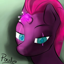 Size: 3000x3000 | Tagged: safe, artist:porcellus, imported from derpibooru, tempest shadow, pony, my little pony: the movie, bust, colored, female, looking down, magic, magic aura, simple background, solo