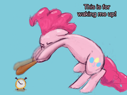 Size: 2732x2048 | Tagged: safe, artist:phutashi, imported from derpibooru, pinkie pie, earth pony, pony, alarm clock, atg 2022, baseball bat, bipedal, blue background, clock, dialogue, ears back, eyes closed, female, hoof hold, mare, newbie artist training grounds, simple background, solo