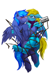 Size: 2760x4154 | Tagged: safe, artist:bluebel, imported from derpibooru, oc, oc only, oc:proffy floyd, oc:solaris spark, bat pony, pegasus, pony, semi-anthro, blushing, bondage, bound together, compact cassette, duo, eyes closed, floppy ears, fluffy, scrunchy face, simple background, tangled up, transparent background