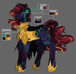 Size: 913x897 | Tagged: safe, artist:ocmakerarichan, imported from derpibooru, oc, oc only, pony, unicorn, armor, coat markings, color palette, gray background, male, offspring, parent:king sombra, parent:nightmare moon, parents:sombramoon, simple background, solo, sombra eyes, stallion