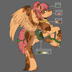 Size: 1280x1280 | Tagged: safe, artist:ocmakerarichan, imported from derpibooru, oc, oc only, pegasus, pony, bag, coat markings, color palette, deviantart watermark, flower, flower in hair, gray background, large wings, male, obtrusive watermark, offspring, parent:big macintosh, parent:fluttershy, parents:fluttermac, rearing, saddle bag, simple background, solo, stallion, unshorn fetlocks, watermark, wings