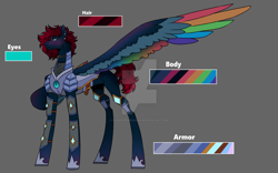 Size: 1280x800 | Tagged: safe, artist:ocmakerarichan, imported from derpibooru, oc, oc only, pegasus, pony, armor, blushing, color palette, colored wings, deviantart watermark, ear piercing, earring, female, gray background, jewelry, large wings, magical lesbian spawn, mare, multicolored wings, obtrusive watermark, offspring, one wing out, parent:princess luna, parent:rainbow dash, parents:lunadash, piercing, rainbow wings, simple background, solo, watermark, wings