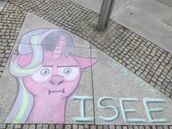 Size: 4032x3024 | Tagged: safe, artist:jphyperx, imported from derpibooru, starlight glimmer, pony, unicorn, :i, chalk, chalk drawing, floppy ears, galacon, galacon 2022, i mean i see, meme, solo, traditional art