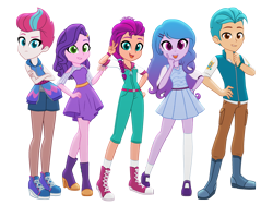 Size: 1180x885 | Tagged: safe, artist:azuventum, imported from derpibooru, hitch trailblazer, izzy moonbow, pipp petals, sunny starscout, zipp storm, human, equestria girls, converse, crossed arms, equestria girls-ified, female, frown, g5, g5 to equestria girls, generation leap, grin, group, hand on hip, human pipp petals, looking at you, male, mane five (g5), open mouth, open smile, quintet, shoes, simple background, smiling, smiling at you, transparent background