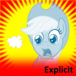 Size: 1024x1024 | Tagged: safe, edit, imported from derpibooru, applejack, spirit of hearth's warming past, earth pony, pony, derpibooru, 1000 hours in ms paint, filter, hole, meta, meta:explicit, red background, spoilered image joke, surprised, text, yellow background