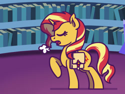 Size: 1800x1350 | Tagged: safe, artist:flutterluv, imported from derpibooru, part of a set, sunset shimmer, pony, unicorn, equestria girls, atg 2022, bag, bookshelf, eyes closed, female, library, mare, newbie artist training grounds, part of a series, raised hoof, saddle bag, solo