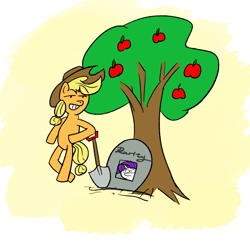 Size: 1024x1024 | Tagged: safe, artist:yey_17, imported from derpibooru, applejack, rarity, earth pony, pony, unicorn, apple, apple tree, female, food, gravestone, lesbian, rarijack, shipping, shovel, tree, wat