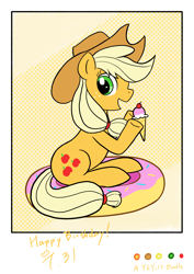 Size: 2480x3508 | Tagged: safe, artist:yey_17, imported from derpibooru, applejack, earth pony, pony, birthday, donut, food, ice cream, solo