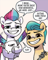 Size: 361x452 | Tagged: safe, idw, imported from derpibooru, hitch trailblazer, zipp storm, dog, earth pony, pegasus, pomeranian, pony, spoiler:comic, spoiler:g5comic, spoiler:g5comic03, blatant lies, cloudpuff, faic, fake smile, female, flying pomeranian, g5, implied queen haven, male, mare, my little pony: a new generation, shipping fuel, smiling, stallion, winged dog