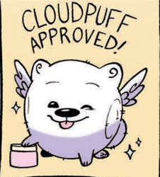 Size: 283x313 | Tagged: safe, idw, imported from derpibooru, dog, pomeranian, spoiler:comic, spoiler:g5comic, spoiler:g5comic03, cloudbetes, cloudpuff, cute, flying pomeranian, g5, male, my little pony: a new generation, sparkles, tongue out, winged dog