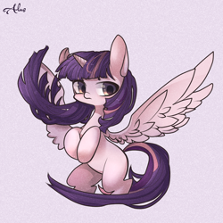 Size: 1000x1000 | Tagged: safe, artist:alus, imported from derpibooru, twilight sparkle, alicorn, pony, female, mare, missing cutie mark, purple background, simple background, solo, spread wings, twilight sparkle (alicorn), wings