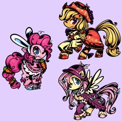 Size: 1280x1264 | Tagged: safe, artist:cbts004, imported from derpibooru, applejack, fluttershy, pinkie pie, earth pony, pegasus, pony, aki minoriko, clothes, cosplay, costume, crossover, dress, female, hat, inaba tewi, mare, minoriko aki, mystia lorelei, purple background, simple background, touhou