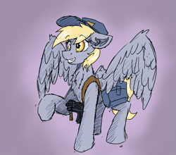 Size: 783x688 | Tagged: safe, artist:reddthebat, imported from derpibooru, derpy hooves, pegasus, pony, chest fluff, female, grin, gun, mailmare, mare, smiling, solo, weapon