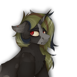 Size: 2300x2300 | Tagged: safe, artist:molars, imported from derpibooru, unicorn, ashes town, bat eyes, bust, chest fluff, commission, red eyes, scar, shading, simple background, solo, torn ear, transparent background