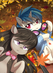 Size: 2374x3260 | Tagged: safe, artist:aymint, imported from derpibooru, part of a set, dj pon-3, octavia melody, vinyl scratch, earth pony, pony, unicorn, autumn, autumn leaves, bowtie, cello, clothes, duo, female, leaves, lying down, mare, musical instrument, on back, seasons, underhoof