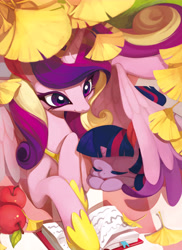 Size: 6030x8280 | Tagged: safe, artist:ciciya, imported from derpibooru, part of a set, princess cadance, twilight sparkle, alicorn, pony, unicorn, apple, autumn, book, cuddling, cute, daaaaaaaaaaaw, eyes closed, female, filly, filly twilight sparkle, foal, food, ginko, hug, leaf, lying down, mare, nap, pixiv, prone, seasons, sleeping, smiling, snuggling, sweet dreams fuel, twiabetes, unicorn twilight, winghug, wings, younger