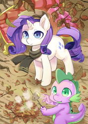 Size: 2460x3470 | Tagged: safe, artist:shepherd0821, imported from derpibooru, rarity, spike, dragon, pony, unicorn, autumn, beret, clothes, cute, fainting couch, female, food, hat, leaves, male, mare, potato, scarf, seasons