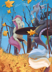 Size: 2374x3259 | Tagged: safe, artist:夜少, imported from derpibooru, part of a set, discord, fluttershy, draconequus, pegasus, pony, autumn, chair, cup, cute, drinking, duo, eyes closed, floppy ears, food, high res, leaves, reflection, smiling, table, tea, teacup