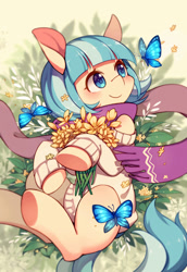 Size: 2031x2952 | Tagged: safe, artist:huaineko, imported from derpibooru, coco pommel, butterfly, earth pony, pony, blushing, clothes, cocobetes, cute, female, flower, mare, pixiv, scarf, smiling, solo, sweater