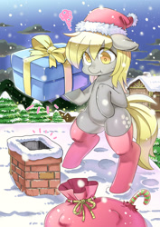 Size: 2460x3470 | Tagged: safe, artist:shepherd0821, imported from derpibooru, derpy hooves, pegasus, pony, bipedal, candy, candy cane, chimney, christmas, clothes, female, floppy ears, food, hat, holiday, mare, pine tree, present, sack, santa hat, seasons, snow, snowfall, socks, solo, thigh highs, tree