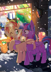 Size: 2480x3507 | Tagged: safe, alternate version, artist:caibaoreturn, imported from derpibooru, part of a set, rarity, spike, sunset shimmer, twilight sparkle, alicorn, pony, unicorn, christmas, christmas tree, clothes, holiday, one eye closed, pixiv, plushie, raised hoof, scarf, seasons, snow, snowfall, tree, twilight sparkle (alicorn), wink, winter