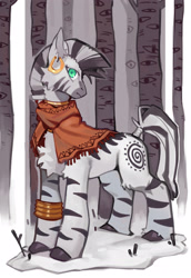 Size: 2031x2952 | Tagged: safe, artist:knifedragon, imported from derpibooru, part of a set, zecora, zebra, female, forest, looking at you, snow, solo, winter