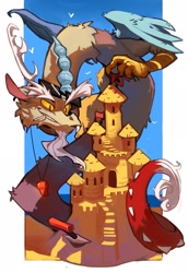 Size: 1409x2048 | Tagged: safe, artist:knifedragon, imported from derpibooru, discord, draconequus, beach, castle, cigarette, sandcastle, smiling, solo, spade, whistle