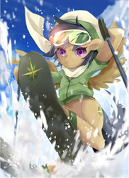 Size: 2374x3259 | Tagged: safe, artist:夜少, imported from derpibooru, part of a set, daring do, pegasus, pony, clothes, female, goggles, jacket, looking at you, mare, scarf, ski goggles, skiing, snow