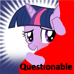 Size: 1024x1024 | Tagged: safe, edit, imported from derpibooru, twilight sparkle, pony, unicorn, derpibooru, 1000 hours in ms paint, blue background, curtains, filter, hiding, hooves, horn, meta, meta:questionable, spoilered image joke, unicorn twilight, white background