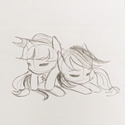 Size: 640x640 | Tagged: safe, artist:snowzaaah, imported from derpibooru, applejack, rainbow dash, earth pony, pegasus, pony, appledash, appledashdailydoodles, doodle, eyes closed, female, lesbian, monochrome, pencil drawing, shipping, sketch, sleeping, traditional art