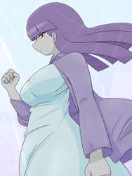 Size: 1668x2224 | Tagged: safe, artist:batipin, imported from derpibooru, maud pie, human, equestria girls, breasts, busty maud pie, clothes, dress, female, fist, jacket, looking at you, solo, windswept cloths, windswept hair
