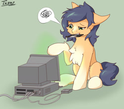 Size: 1600x1400 | Tagged: safe, artist:tx547, imported from derpibooru, oc, oc only, oc:tabootask, earth pony, pony, cheek fluff, chest fluff, computer, computer mouse, confused, crt, ear fluff, female, floppy disk, fluffy, frown, green background, hoof fluff, leg fluff, mare, mouth hold, pictogram, raised eyebrow, raised hoof, shoulder fluff, simple background, sitting, solo, speech bubble