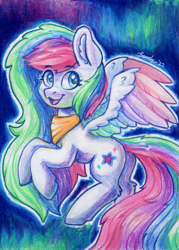 Size: 1463x2044 | Tagged: safe, artist:dandy, imported from derpibooru, oc, oc only, oc:starburst, pegasus, artfight, aurora borealis, bandana, colored pencil drawing, colored wings, ear fluff, female, flying, looking at you, mare, multicolored wings, night, not celestia, open mouth, pegasus oc, solo, traditional art, wings