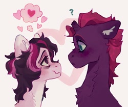 Size: 2048x1722 | Tagged: safe, artist:p0nyplanet, imported from derpibooru, tempest shadow, oc, oc:oopsie doodle, pony, unicorn, canon x oc, confused, floppy ears, heart, question mark, shipping, smiling, wavy mouth
