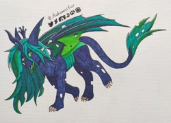 Size: 3149x2250 | Tagged: safe, artist:autumnsfur, imported from derpibooru, queen chrysalis, changeling, dragon, black coat, blue hair, chest fluff, claws, crown, dragon claw, dragon wings, female, full body, g4, green hair, jewelry, logo, long hair, long tail, looking away, navy coat, pony dragon hybrid, regalia, sharpie, signature, simple background, smiling, smirk, tail, traditional art, walking, wings