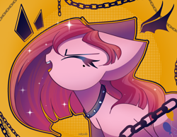 Size: 2450x1900 | Tagged: safe, artist:miryelis, imported from derpibooru, pinkie pie, earth pony, pony, chains, choker, eyes closed, long hair, open mouth, pinkamena diane pie, punk, signature, simple background, solo